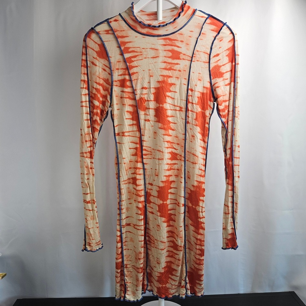 Wilfred‎ Free Orbit Dress Orange Shibori Tie Dye Lettuce Edge Mini Mock Neck L